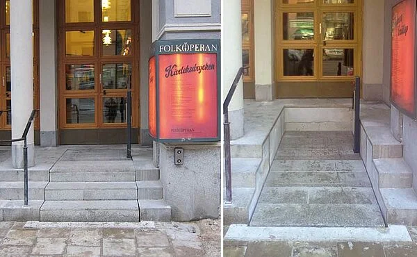 Beispielhafte Situation, in Treppe integrierte Hebeplattform - im Regelfall als Treppe ausgebildet, die vollständig, einschließlich oberem Podest versenkbar ist, der Benutzer kann auf diesem Podest hochgefahren werden. Folkoperan Stockholm.