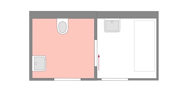 darstellung einer räumlichen Situation, wo barrierefreies WC uns Erste-Hilfe-Raum flexibel verbunden sind